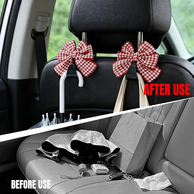 2PCS Car Seat Headrest Hooks, Car Purse Hook, Cute Bow Knot Vehicle Seatback Hanging Storage Organizer, Auto Seatback Decor Organizer Hanger for SUV Truck (Houndstooth/Red)