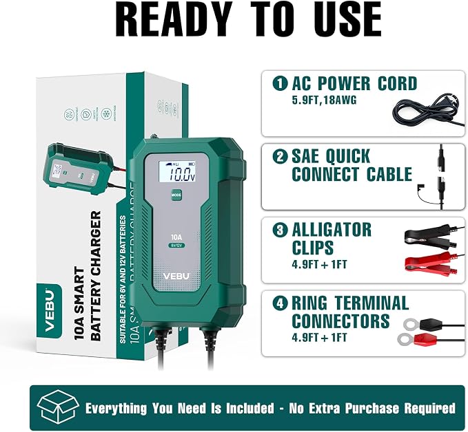 10A 6V/12V Smart Battery Charger- Automatic Maintainer, Trickle Charger & Desulfator with Overcharge Protection, Plug & Play Design for Lead-Acid & LiFePO4 Batteries