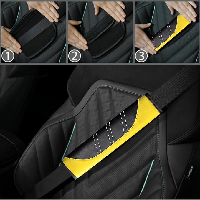 NBTEPEM 6 Pcs Yellow Car Accessories Set, Sport Leather Steering Wheel Cover 14.5-15inch Universal, Microfiber Leather Car Center Console Cover, Seat Belt Cushion, Cup Holder Coaster (Black-Yellow)