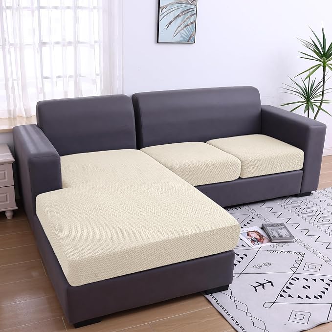 Smiry Waterproof Couch Cushion Covers, Stretch Jacquard Sectional Couch Covers, L Shape Chaise Lounge Sofa Slipcover, Washable Elastic Furniture Protector for Pets, Kid (XL-Chaise Cover, Beige)
