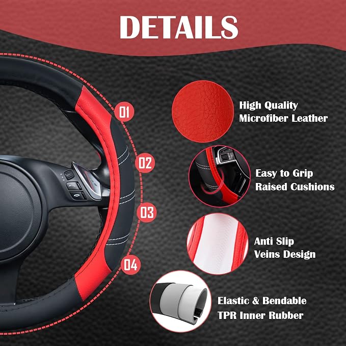 CAR PASS Air Mesh Leather Car Seat Covers for Front Seats, Waterproof Car Floor Mats, Sporty Steering Wheel Cover, Universal Fit for 95% Cars Truck SUV (Black and Red)