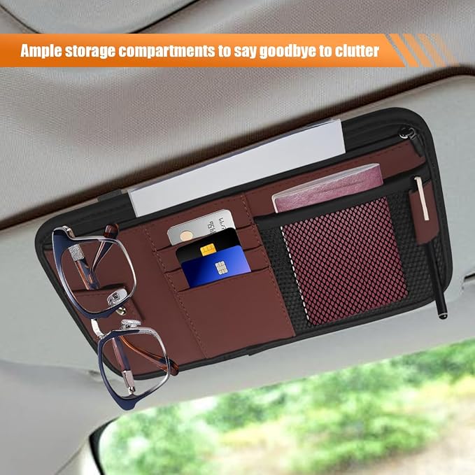 Car Sun Visor Organizer, PU Leather Automotive Visor Storage Pouch Holder with Multi-Pocket, Vehicle Interior Organizer Accessories for Sunglasses, Pen, Key, Phone, Cards, License(Red)