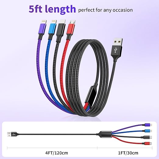 Dual IP 4 in 1 Multi Charging Cable, 1 Pack 5FT USB Charging Cord | IP/IP, USB C & Micro Ports, Nylon Braided Phone Charger Cable for Multiple Devices, Car & Travel Essentials
