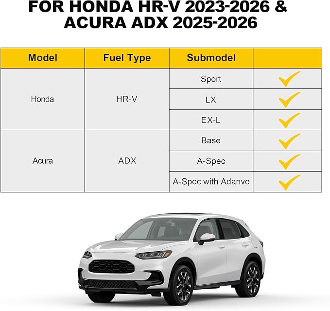 Floor Mats Fit for Honda HRV 2023-2027 Sport/LX/EX-L (Gasoline & Hybrid) | for Acura ADX 2025-2026, All Weather TPE Custom Fit HR-V Anti-Slip Floor Liners, 1st & 2nd Row, Black