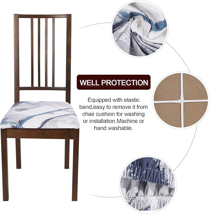 SearchI Seat Covers for Dining Room Chairs Stretch Printed Chair Seat Covers Set of 4, Removable Washable Upholstered Chair Seat Protector Cushion Slipcovers for Kitchen, Office(Blue/White)