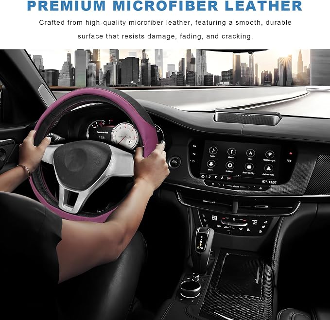 Sun Walker Steering Wheel Cover, Breathable Leather Steering Wheel Covers with Perforated Sides, Anti-Slip Comfortable Grip Auto Sleeve for 14.5-15 Inch Wheels, Car Accessories (Purple)