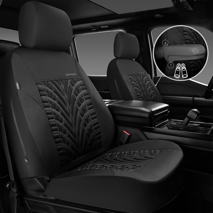 CAR PASS Neoprene Waterproof Seat Covers,Wetsuit Car Seat Covers Front Seats Universal Fit for Vans, Truck, SUV Two Front Only, 3D Tyre Embossed Anti Slip with Armrests, Airbag Compatible(Black)
