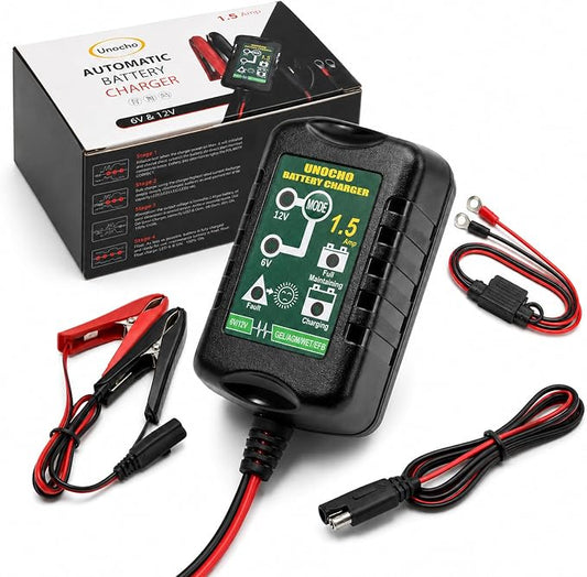 Unocho 6V/12V Battery Charger Maintainer 1.5A Automatic Trickle Charger Smart Float Charger for Car Motorcycle Lawn Mower Boat ATV Snowmobile Lead-Acid AGM GEL SLA VRLA WET Batteries