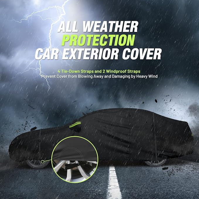 Favoto Car Cover Waterproof All Weather Windproof for Sedans 175-183 Inches | UV Protection, Soft Cotton Lining, Driver Door Zipper, Reflective Strips and Storage Bag Included with Vehicle Fitment Black