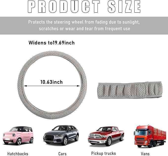 Wevdn Elastic Stretch Steering Wheel Cover, 15"×15" Microfiber Breathable Ice Silk Steering Wheel Protector, Anti-Slip Elastic Steering Wheel Cover for Men Women, Car Accessories (Gray)