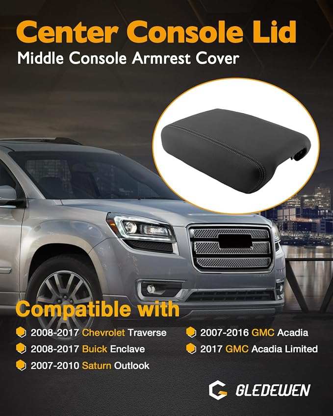 Center Console Lid, Fit for 2008-2017 Chevy Traverse, 2007-2016 GMC Acadia | 2008-2017 Buick Enclave, 2007-2010 Saturn Outlook, Middle Console Armrest Cover Assembly, OE#22905370, 925-084 (Ebony Black)