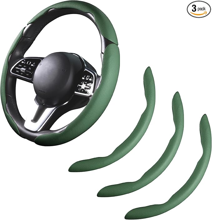 Car Steering Wheel Cover Leather Snap On 3Pcs Set Non-Slip Protector Wrap Steering Wheel Accessories 14.5-15 inch Universal Green
