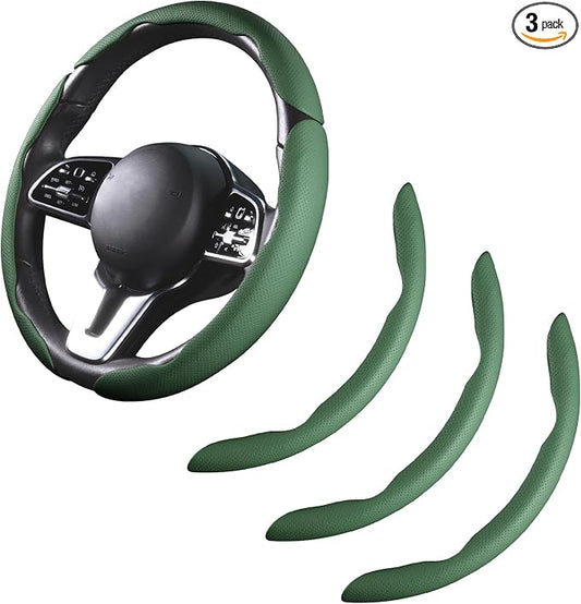 Car Steering Wheel Cover Leather Snap On 3Pcs Set Non-Slip Protector Wrap Steering Wheel Accessories 14.5-15 inch Universal Green