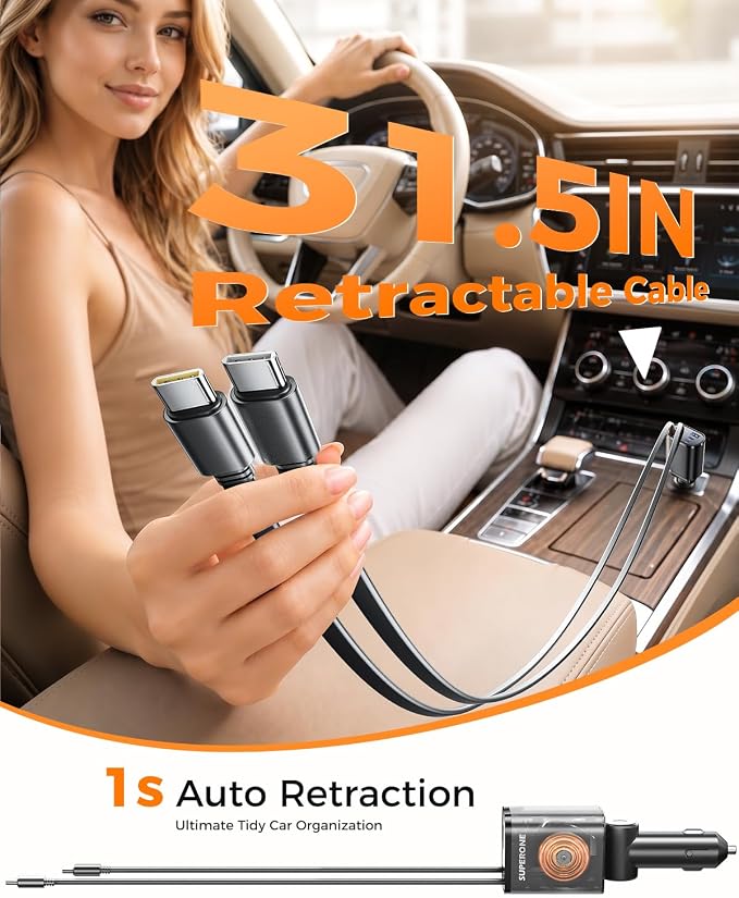 SUPERONE 5 in 1 Retractable Car Charge with Dual Type C Cables, 90W Fast Charging Car Charger, Ultra-Compact USB C Car Accessories Adapter for iPhone 17/16/15/14/13, Galaxy, iPad, Black