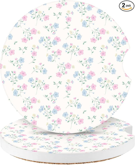 Vintage Flowers Car Coasters,Absorbent 2 Pack for Cup Holders with Finger Notch,2.56 inches Ceramics Heat Resistant Anti Slip Cork Base Car Drinks Coasters Auto Cup Holder