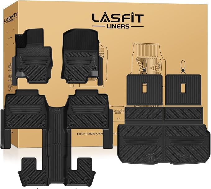 LASFIT Floor Mats & Cargo Mat with Seatback for Mercedes Benz GLS 450/580/63 AMG 2020-2026 (Only Fit 6 Seats with Center Console), All Weather TPE Floor Liners. 3 Rows & Cargo Liner with Backrest