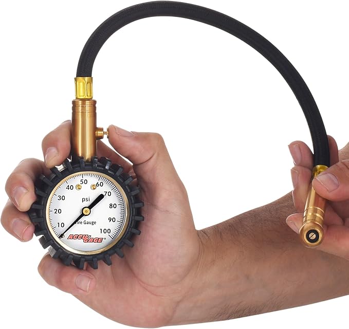 Accu-Gage RH100XA Tire Pressure Gauge with Hose and Protective Rubber Guard, Angled Swivel Chuck, 100 PSI