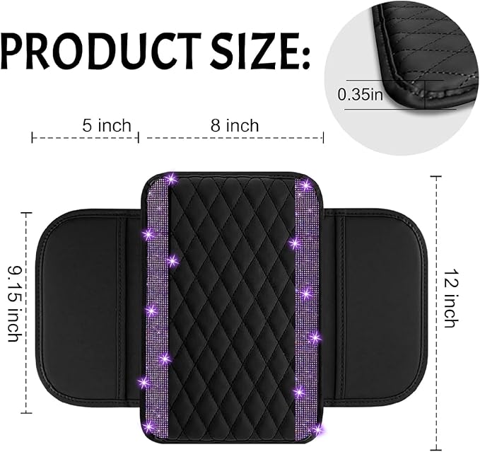 NBTEPEM Bling Car Center Console Cover, Leather Car Arm Rest Cover Cushion with 2 Storage Bags, Universal Auto Armrest Protector Storage Box, Bling Accessories Interior for Most Vehicles (Purple)