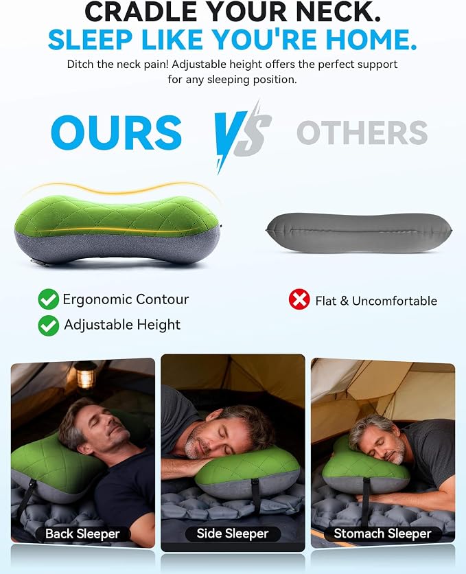 Hikenture Camping Pillow with Removable Cover, Ultralight Inflatable Pillow | Ergonomic Neck Lumber Support, Upgrade Leakproof Backpacking Pillow, Portable Packable for Hiking, Beach, Travel