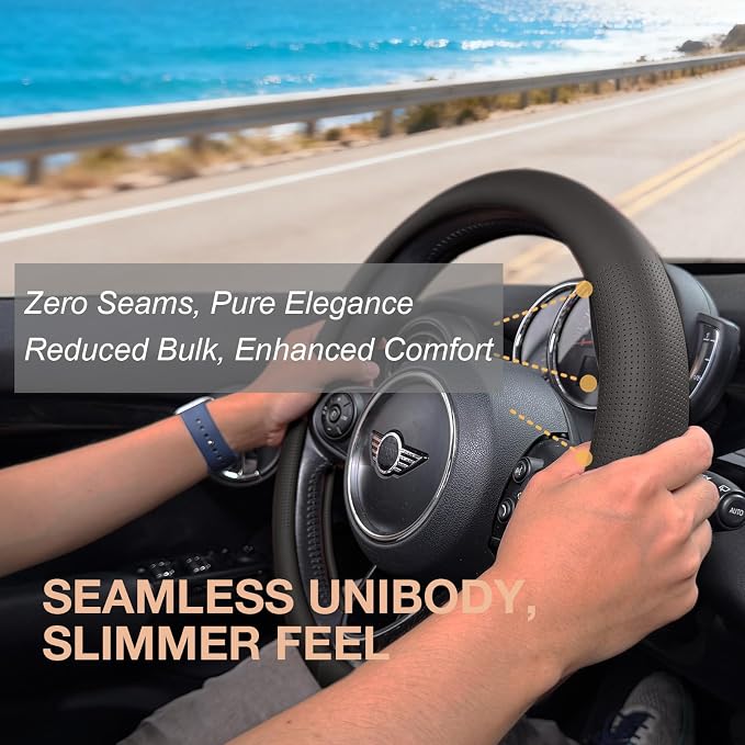 PINCTROT Large Size Nappa Leather Steering Wheel Cover, Slim Fit No Bulk Design, One Piece Leather with Breathable Perforation, Fit Like Gloves, 15.5-15.75 Inch(Nappa Black)