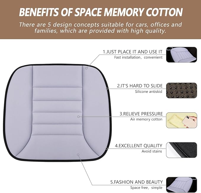 MYFAMIREA 2PCS Car Seat Cushion Pad 1.2" Thick Comfort Seat Protector for Car Driver Seat Office Chair Home Use Memory Foam Seat Cushion with Non Slip Bottom, 20'' x 18.5'', Gray