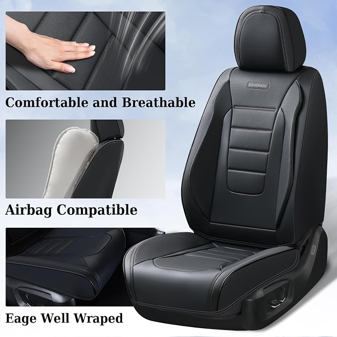 Coverado Seat Covers, Car Seat Covers Front Seats, Car Seat Protector Waterproof, Car Seat Cover, Car Seat Cushion Nappa Leather, Black Seat Covers for Cars Carseat Cover Universal Fit for Most Cars