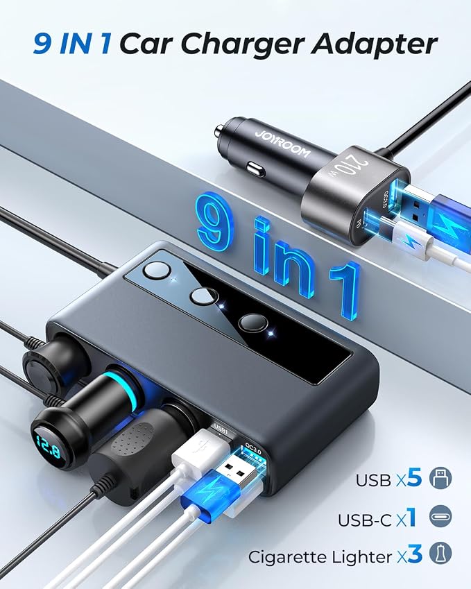 9 in 1 Cigarette Lighter Splitter, JOYROOM 210W Cigarette Lighter Adapter with PD/QC 3.0 * 2 Charge(3.3FT Cable), 12V/24V Independent Switches DC Cigarette Outlet Car Charger for All Car Devices