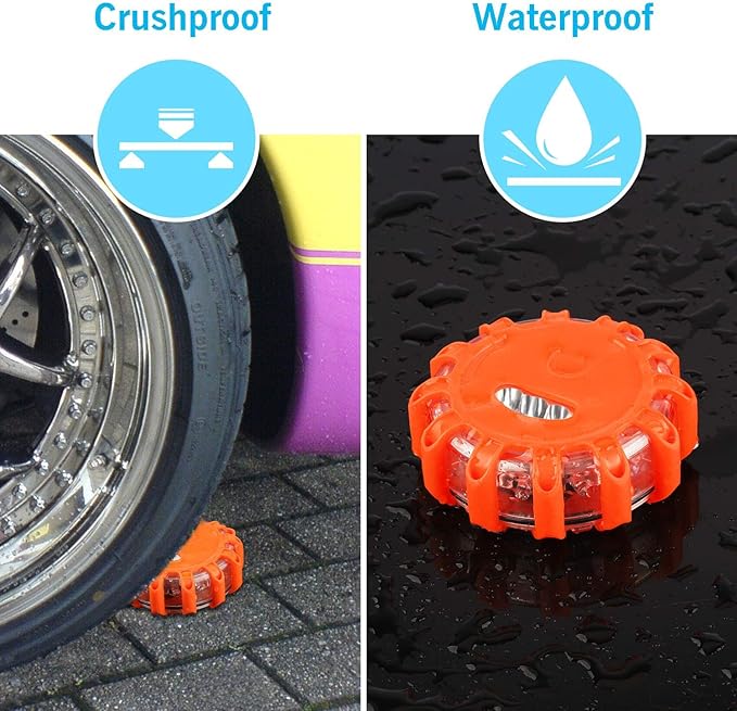 AK LED Road Flares Safety Flashing Warning Light Roadside Emergency Disc Beacon Kit for Vehicles Boats with Magnetic Base & Hook 1 Pack (Batteries Not Included)