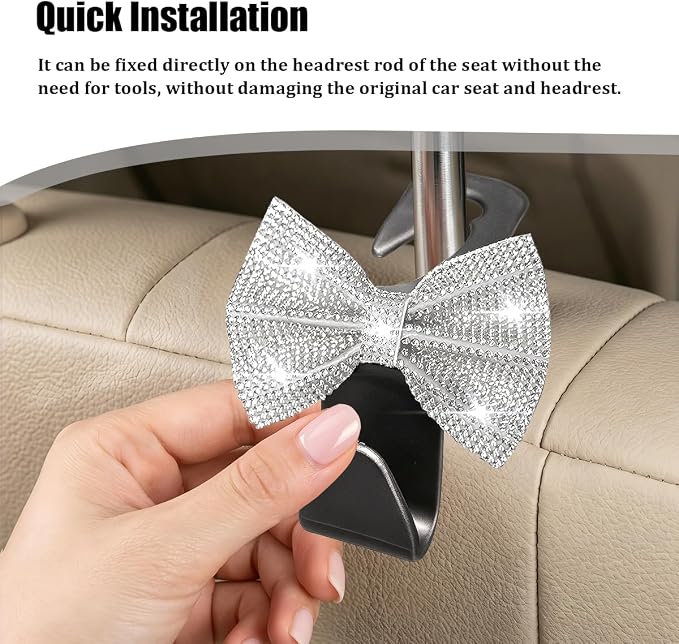 2PCS Bling Bow Headrest Hooks, Car Seat Bag Hangers, White Black | Pvc and rhinestone construction, butterfly bow decoration, rear seat storage, bag and coat hanging, car interior accessories