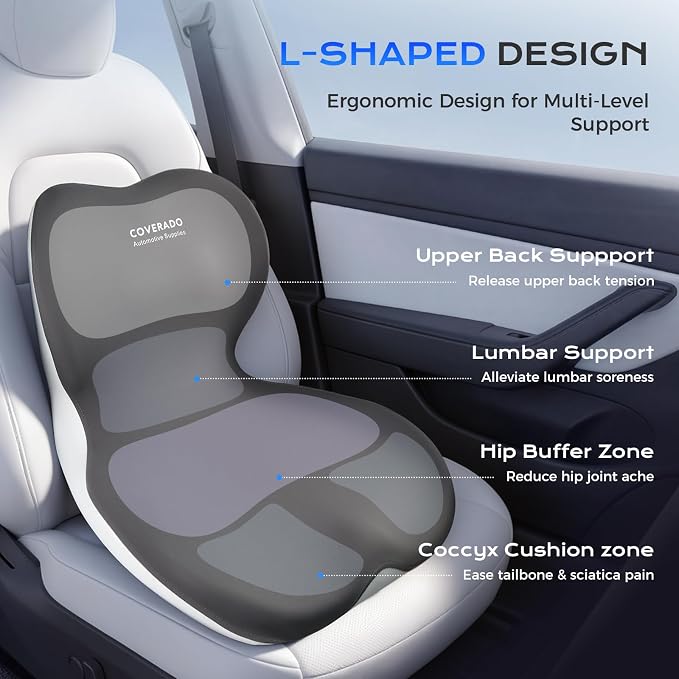 Coverado [Upgraded] Car Seat Cushion and Lumbar Support Pillow One Piece, Memory Foam Ergonomic Back Support Driving Seat Cushion for Back Pain, Non-Slip Washable Cushion for Car, Driver, Office