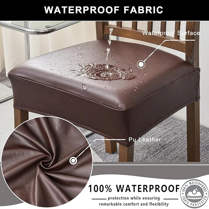NILUOH Waterproof Seat Covers for Dining Room Chairs Set of 2, Pu Leather Chair Seat Slipcovers Dining Chair Cover Removable Washable Chair Protctor Cover, Rear Covers (PU-Coffee)