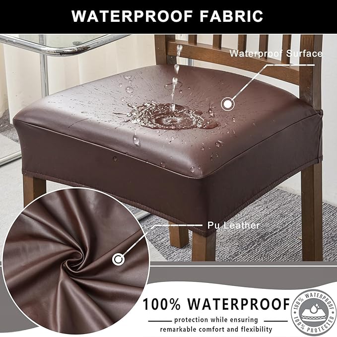 NILUOH Waterproof Seat Covers for Dining Room Chairs Set of 6, 21 Inches Pu Leather Dining Chair Cover Removable Washable Chair Protctor Cover, Rear Covers (PU-Coffee)