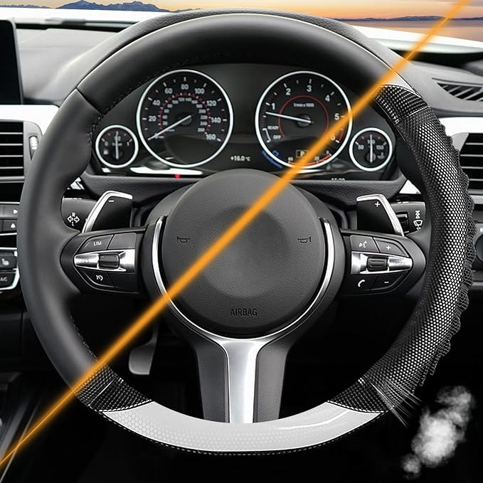 5D Honeycomb Knight White Car Steering Wheel Cover,14.5-15 Inch Universal Carbon Fibre Leather Covers Breathable Anti-Slip Odorless Steering Wheels Accessories for Men Women