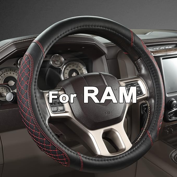 West Llama Customized Auto Car Steering Wheel Cover for Dodge RAM 1500 2500 3500, 15.5-16 inch (Diamond Quilted-Black+Red-Large Size)