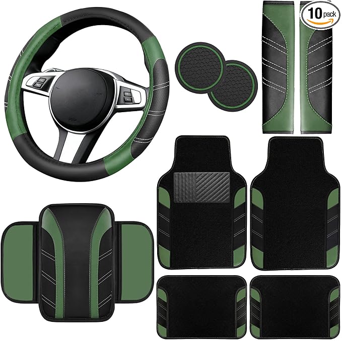 NBTEPEM 10 Pcs Car Floor Mats Full Set & Sport Leather Steering Wheel Cover 14.5-15 inch, Center Console Cover, Seat Belt Cushion, Cup Holder Coaster, Universal Automobile Interior Sets (Green)