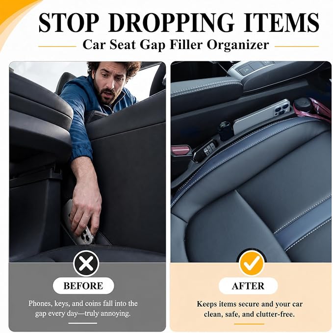 2-Pack Car Seat Gap Filler Compatible with Subaru Outback, Forester, Crosstrek, Ascent & Solterra Accessories, Seat Gap Organizer with Emergency Glass Breaker & 2 Sunglasses Holders, Black