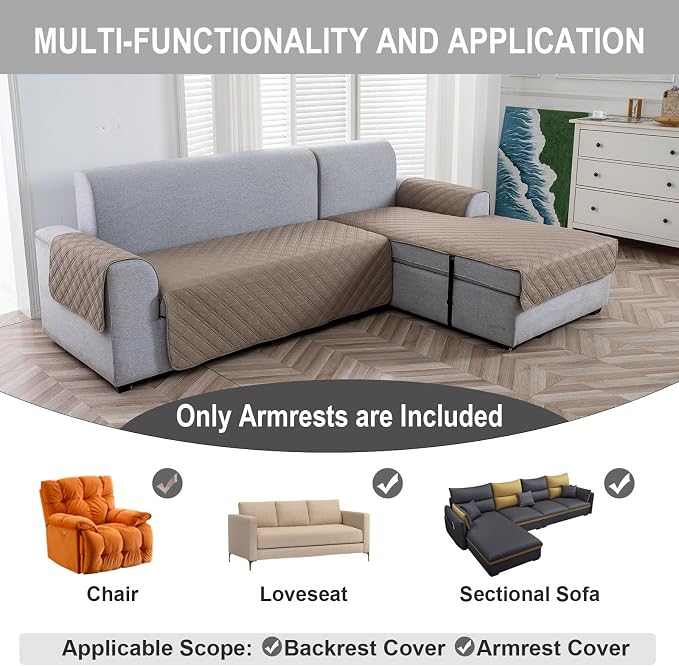 Genina Sofa Armrest Cover, Anti-Slip Armchair Slipcovers for Dogs Cats Pet, Water Resistant Couch Arm Cover for Backrest Recliner Loveseat, L Shaped Sofa, 23.6 x 27.5 Inches（2 Pieces）