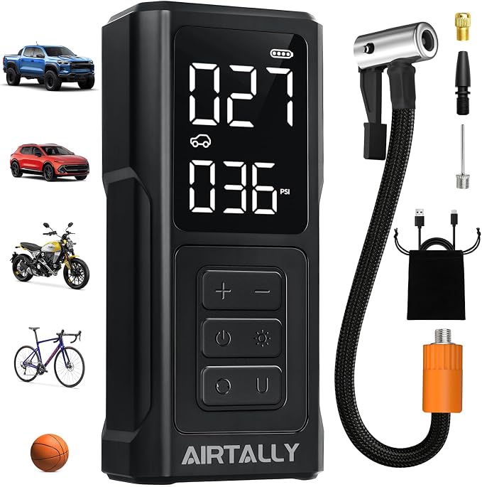 Tire Inflator Portable Air Compressor - 5200mAh 150PSI Quickly Inflate Portable Air Pump for Car Tires/Bike/Basketball with LED Large Dual Screen, Pressure Gauge & Auto Shut-Off