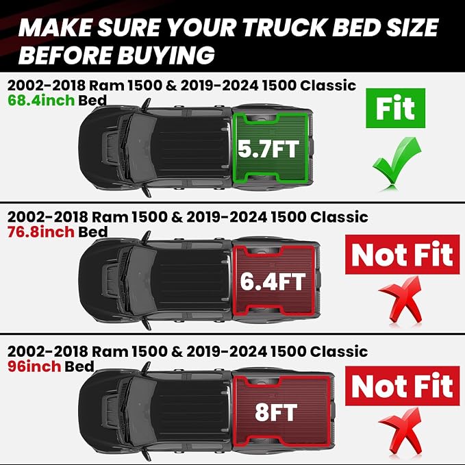 LASFIT 5.7FT Truck Bed Mat for Ram 1500 2002-2018 & 1500 Classic 2019-2024 (5FT7/67.4 inches) NOT for Optional Rambox, All Weather Custom Fit TPE Truck Bed Liner
