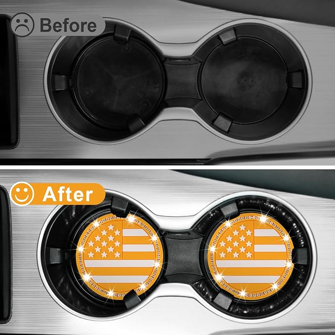 JUSTTOP Bling Car Cup Holder Coaster,4PCS American Flag Cup Holder Insert,Universal Non-Slip Cup Holders,Car Accessories Interior for Women and Man(Orange)