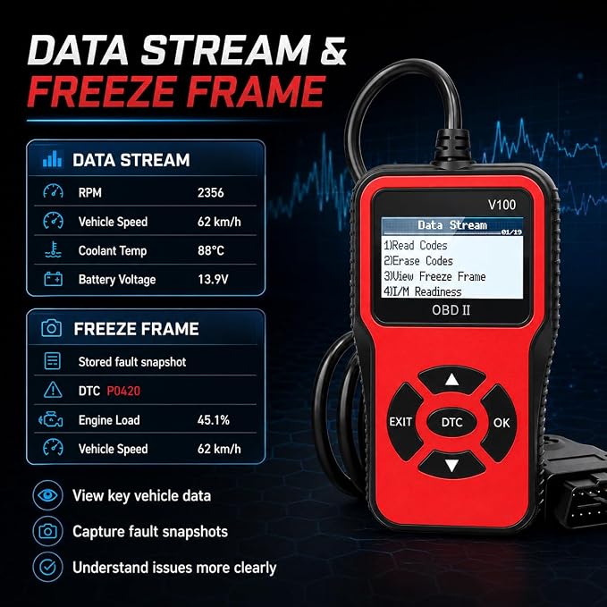 V100 OBD2 Diagnostic Diagnostic Tool Tool, Code Reader, Engine Light Diagnostic Tool, Battery Voltage Tester, for OBD2 Cars & Trucks Since 1996