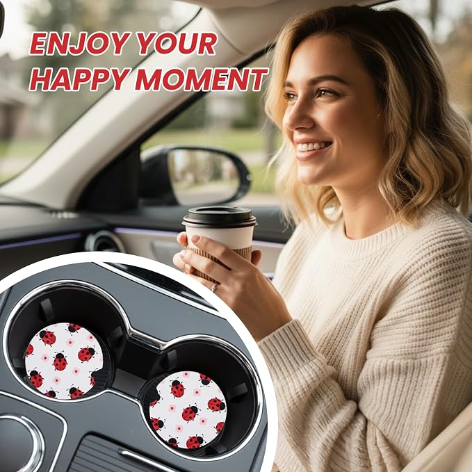 2 Pack Ladybug Car Coasters for Women Car Cup Holder Coasters, 2.63 Inch Anti Slip Ceramic Absorbent Coaster with Cork Base and Finger Notch, Funny Car Accessories Interior