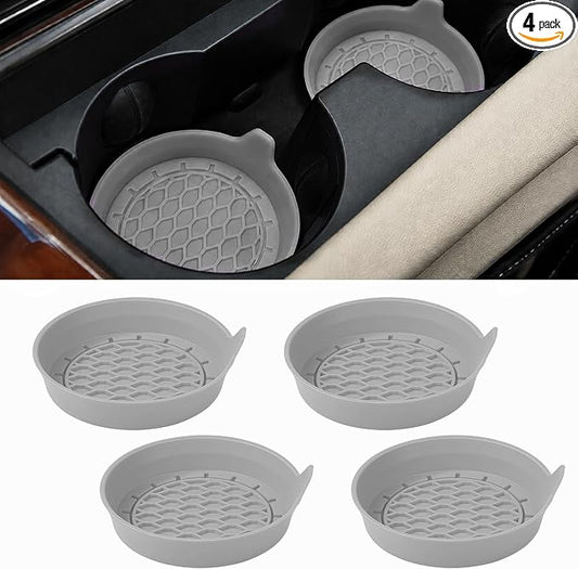 4 Pack Car Cup Holder Coaster, 3.15 Inch Non-Slip Silicone, Gray | Cup holder insert, spill proof ,raised lip, honeycomb base, rinse clean, fits most sedans suvs trucks, automotive accessories
