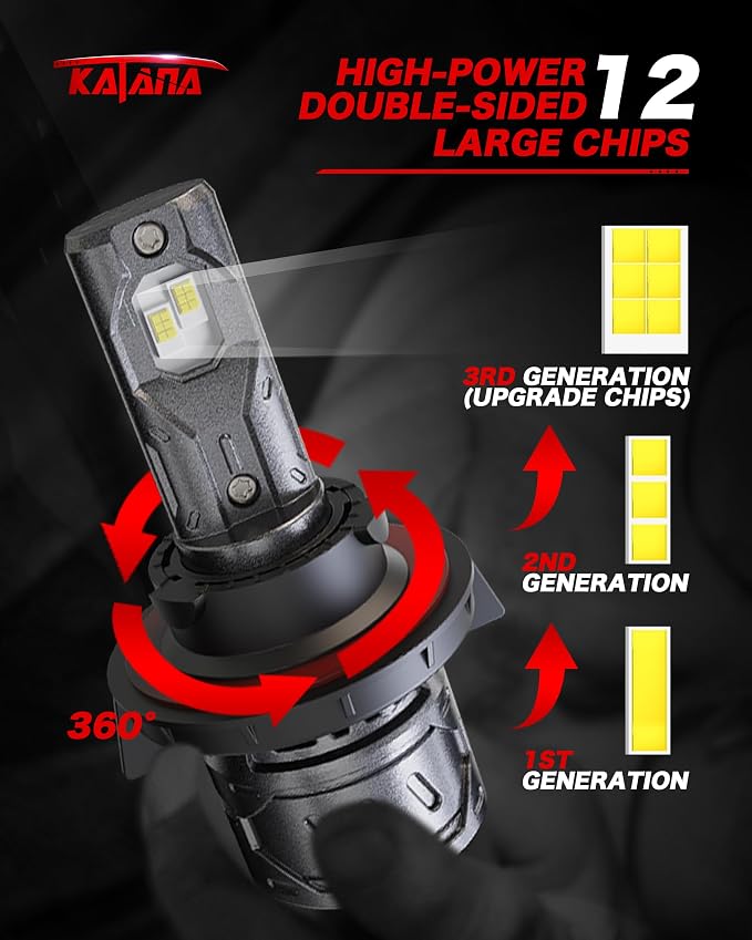 Katana H13 Bulbs,9008 400% Brightness 6500K 1:1 Size Plug and Play Fog of 2 | Cooling Fan,High/Low Beam,360°Beam Angle