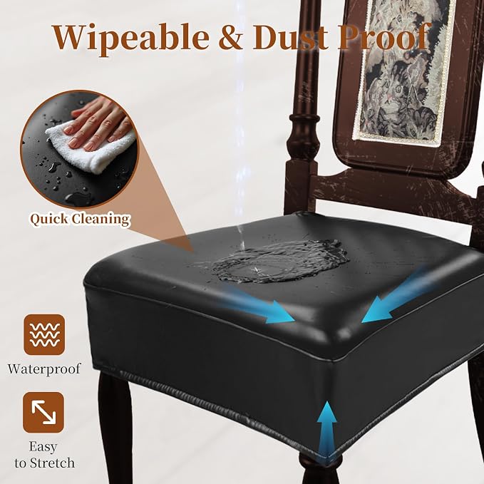 Waterproof Dining Chair Seat Covers Leather Kitchen Seat Covers, Stain Resistant Stretch Chair Seat Covers for Dining Room Chairs Set of 6, Rear Covered Washable Dining Chair Covers Cream