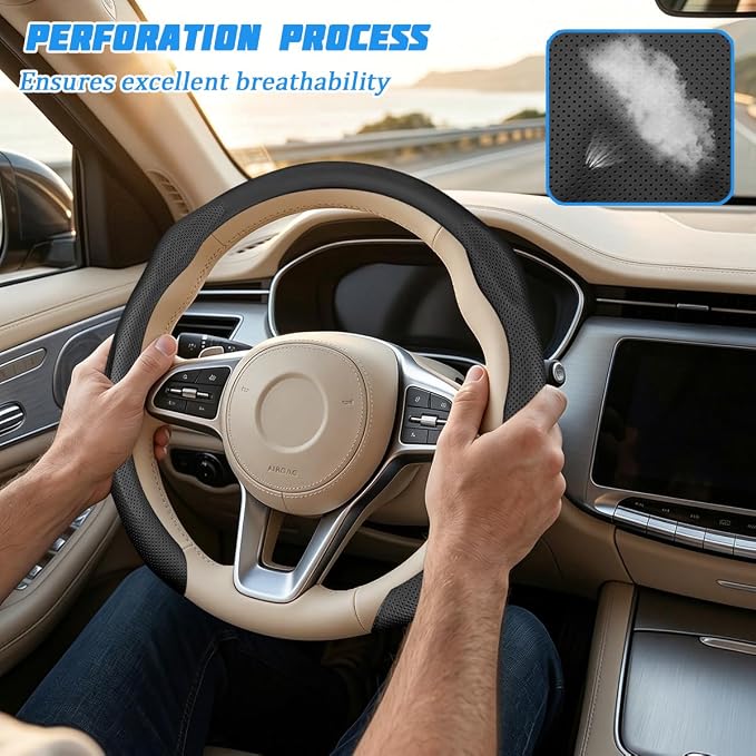 Car Steering Wheel Cover, Comfortable Grip Non-Slip Breathable Vehicle Steering Wheel Protector, Automotive Interior Decoration Accessories, Universal Fit (Black)