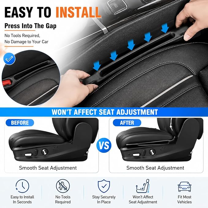 Car Seat Gap Filler 2 Pack, Universal Fit No Drop Seat Guard with Storage Pocket, Car Seat Gap Plug Prevents Phones, Keys and Coins from Falling, Auto Accessories for SUV, Truck, Sedan