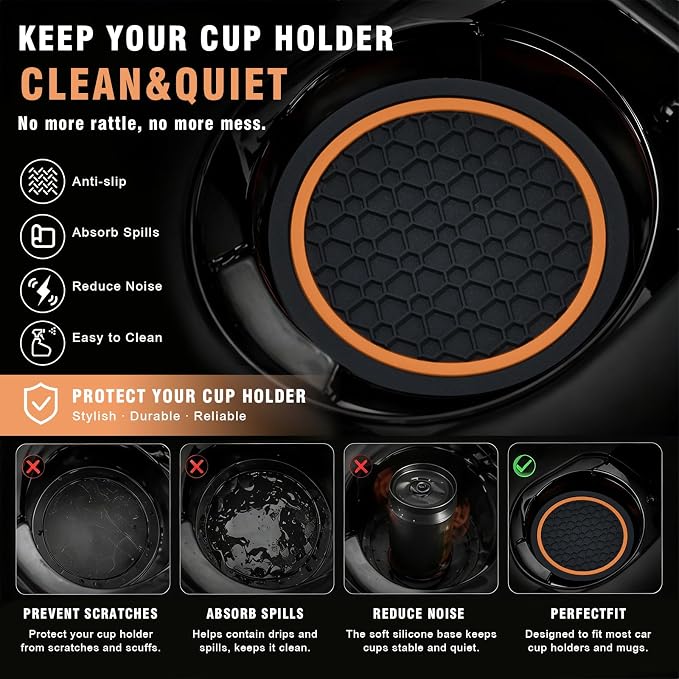 4PCS Car Cup Holder Coasters, 2.75 Inch Non-Slip Insert Water Bottle Holder Pads, Dustproof Automotive Interior Accessories Mat, Universal for Vehicles, Trucks, RVs and More (Orange)
