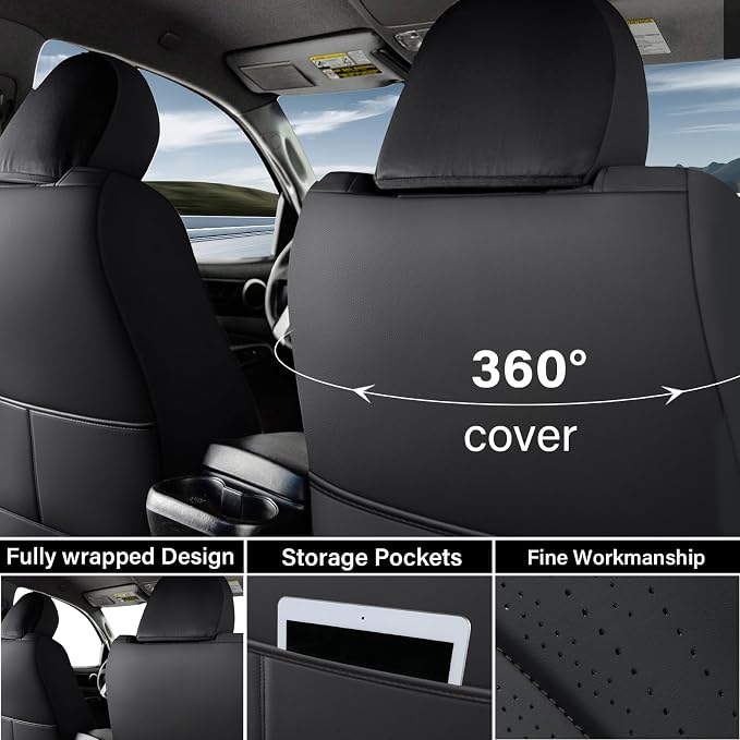 Coverado Tacoma Seat Covers Full Set, Faux Leather Seat Covers Custom Fit for 2005-2023 Toyota Tacoma Double/Crew Cab Base Prerunner SR5 Limited TRD Sport Interior Covers (Black)