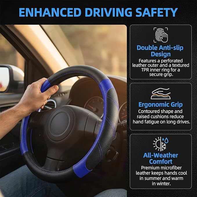 Osilly Car Steering Wheel Cover, 14.5-15" Leather Breathable Anti-Slip Stylish Steering Wheel Protector, Comfortable Auto Interior Decoration Accessories, Universal for SUV Van Truck (Black Blue)